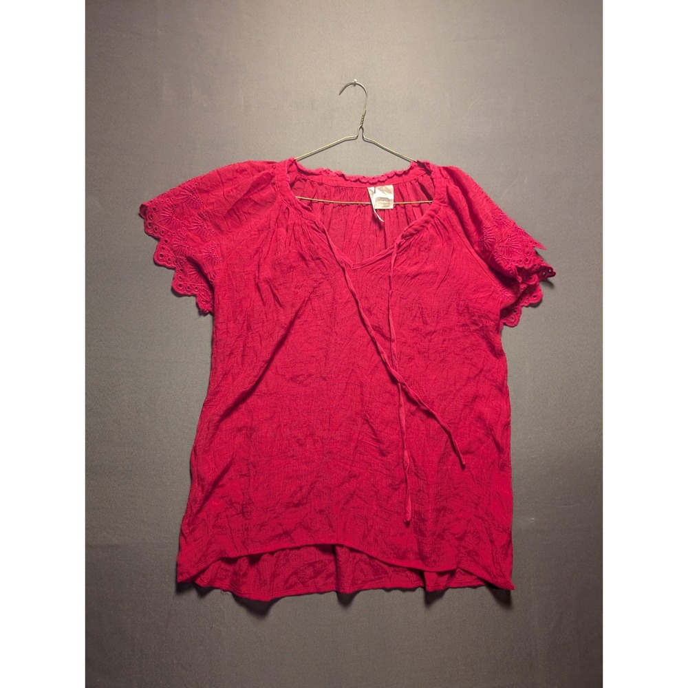 Forgotten Grace Blouse Top Womens XL Red V Neck Embroidered Eyelet Boho Peasant